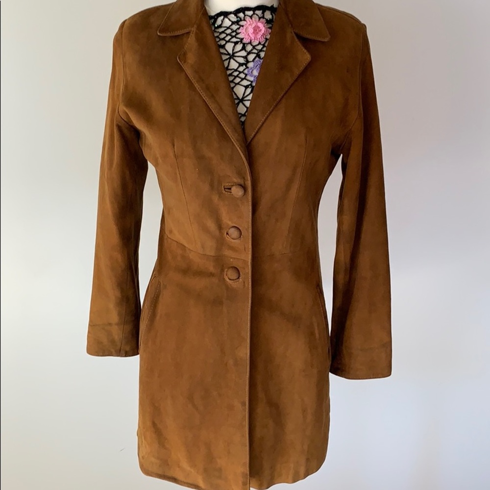 Italian sueded-leather fitted copper long blazer